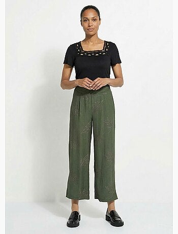 Pantalón elástico de pierna ancha con bordado de hojas - Afibel