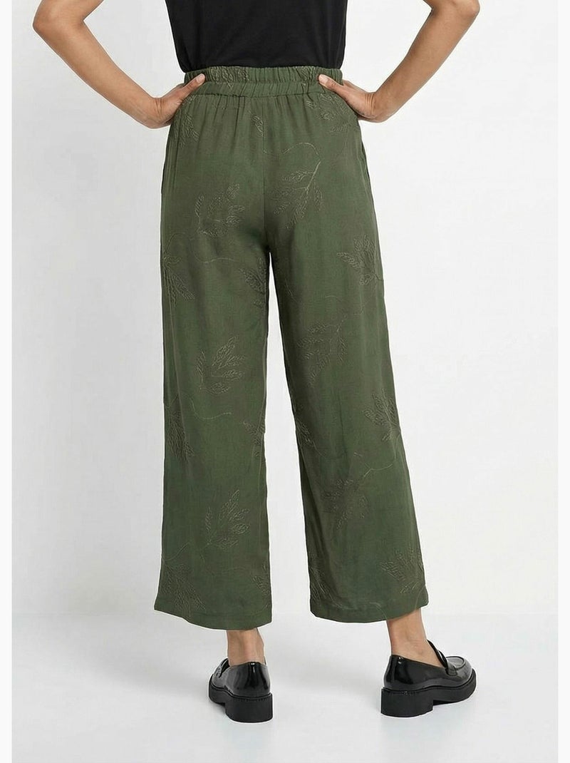 Pantalón elástico de pierna ancha con bordado de hojas - Afibel Caqui - Kiabi