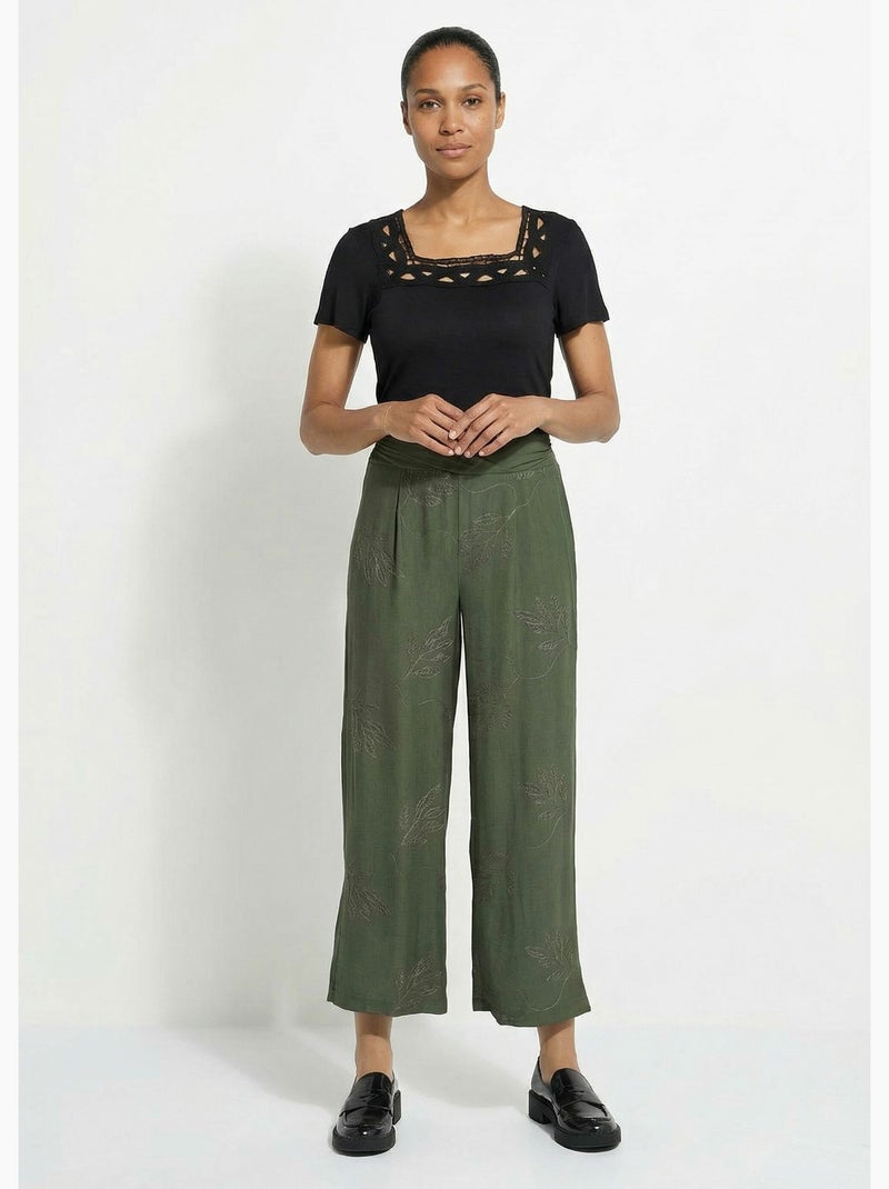 Pantalón elástico de pierna ancha con bordado de hojas - Afibel Caqui - Kiabi