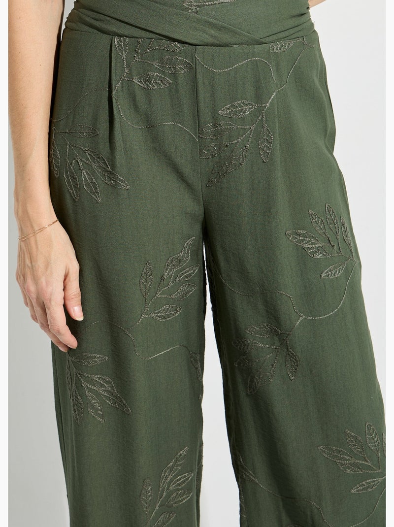 Pantalón elástico de pierna ancha con bordado de hojas - Afibel Caqui - Kiabi