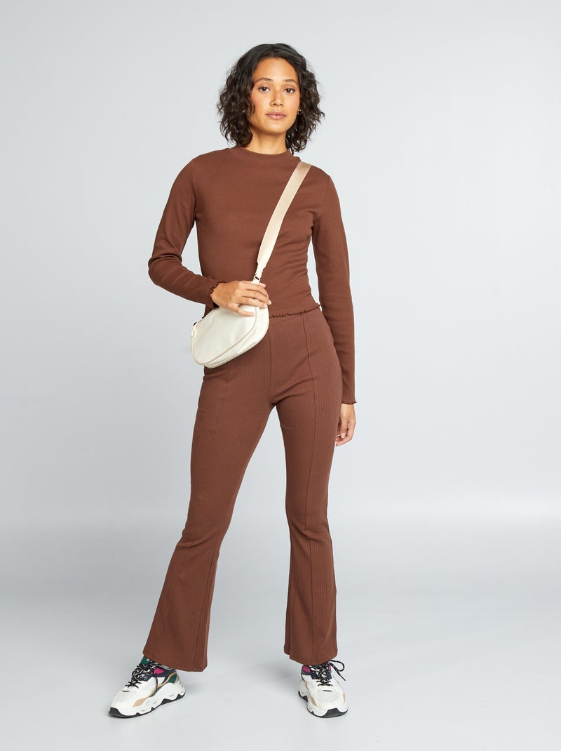 Pantalón flare de punto de canalé MARRON - Kiabi