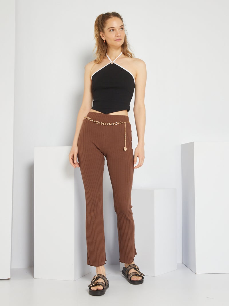 Pantalón flare de punto de canalé marrón - Kiabi