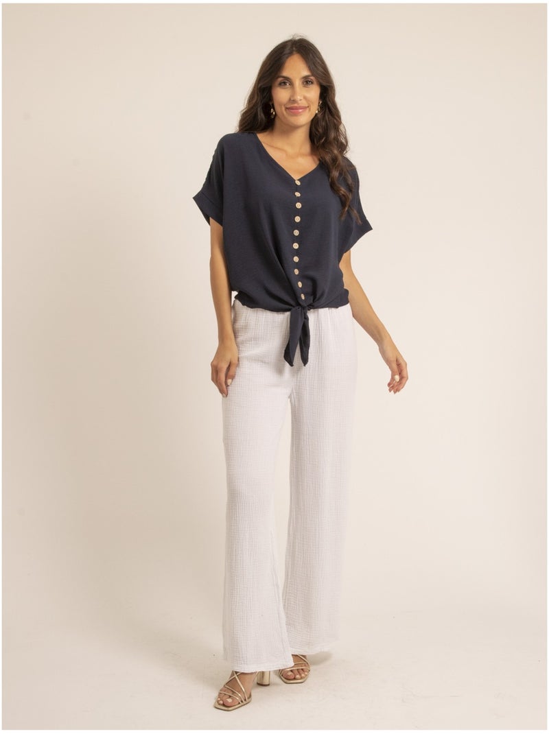 Pantalón fluido de gasa de algodón EBERTINE Blanco - Kiabi