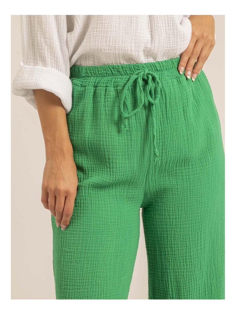 Pantalón fluido de gasa de algodón EBERTINE Verde - Kiabi