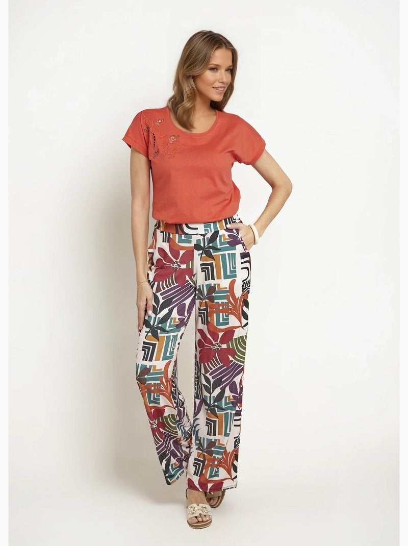 Pantalón fluido elástico, estampado floral - Afibel Beige - Kiabi