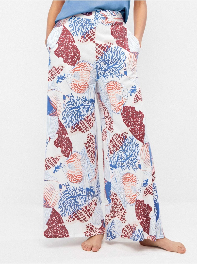 Pantalón largo ancho estampado en tejido algodón y modal Multicolor - Kiabi