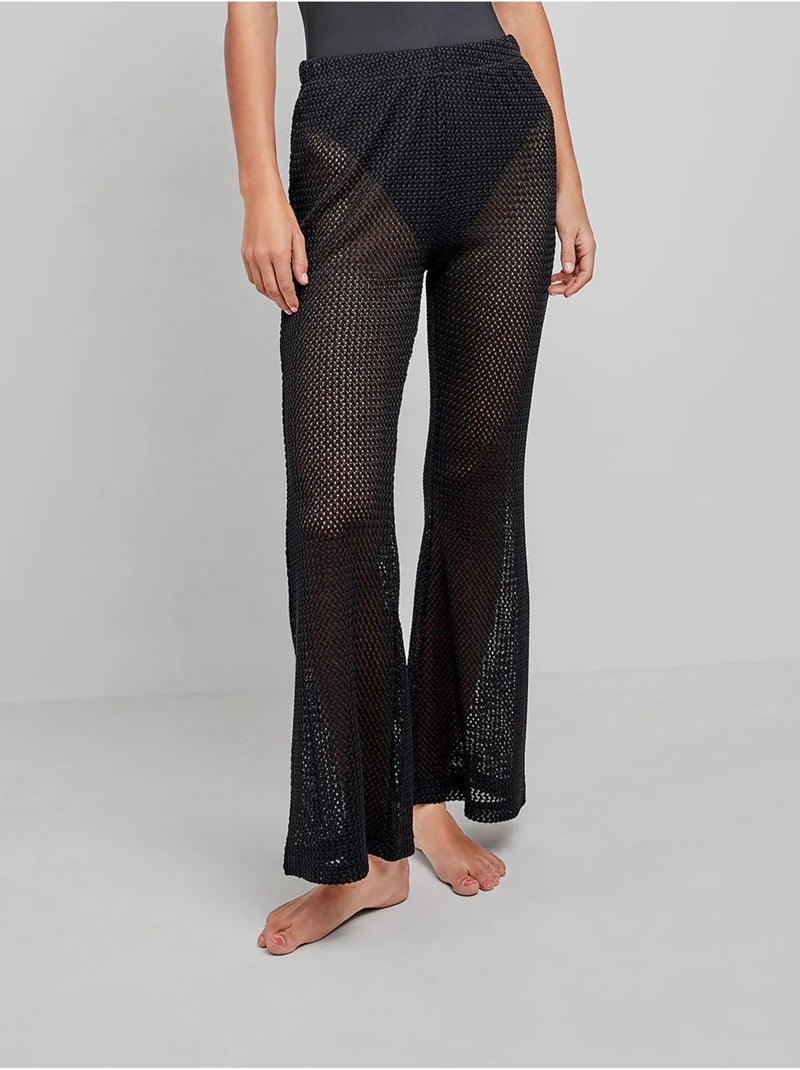 Pantalón largo campana de tejido crochet con algodón Negro - Kiabi