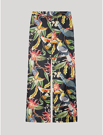 Pantalón largo con estampado tropical en tejido de satén