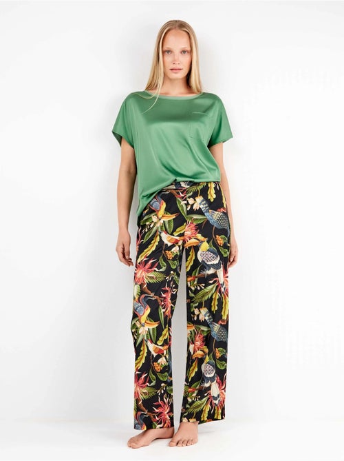 Pantalón largo con estampado tropical en tejido de satén - Kiabi