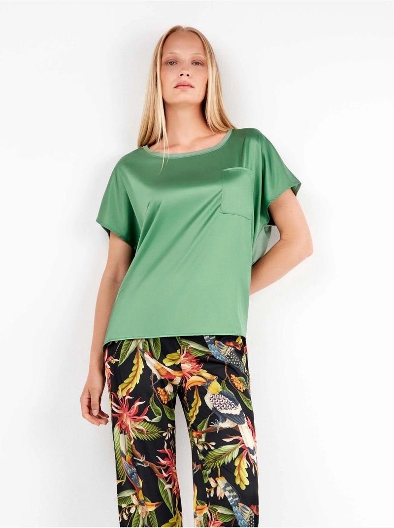 Pantalón largo con estampado tropical en tejido de satén Multicolor - Kiabi