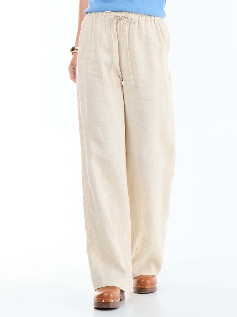 Pantalón liso de lino de corte ancho Beige - Kiabi