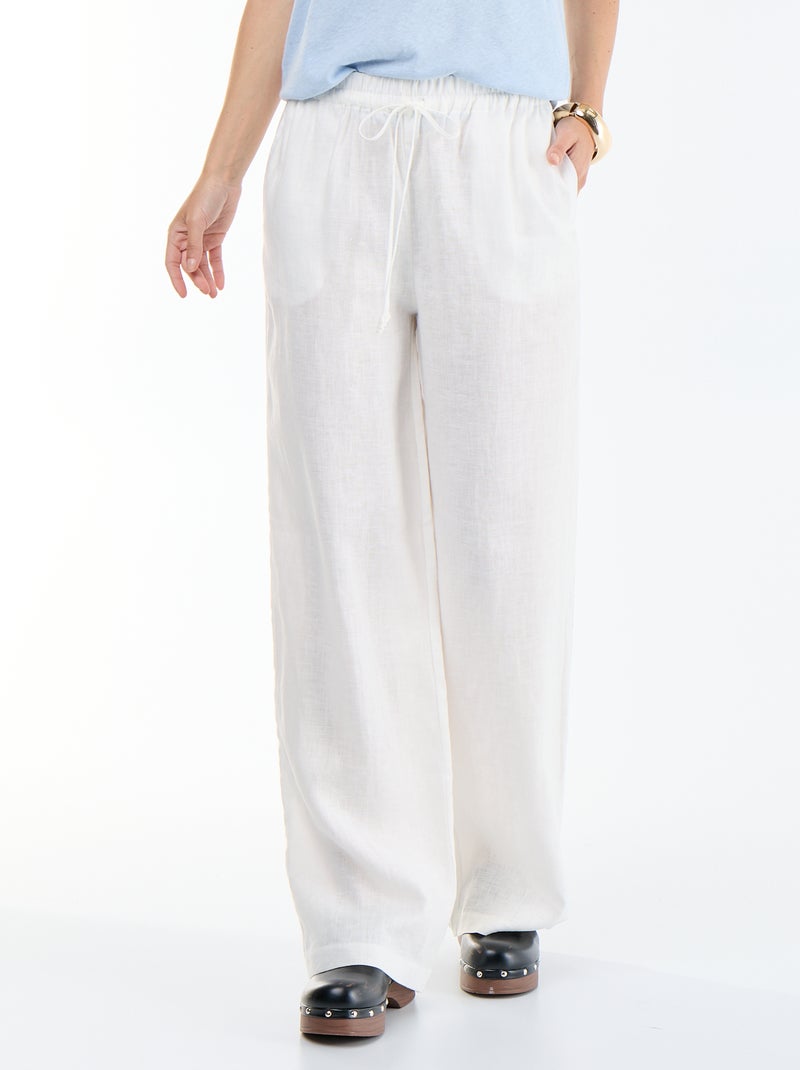 Pantalón liso de lino de corte ancho Blanco - Kiabi