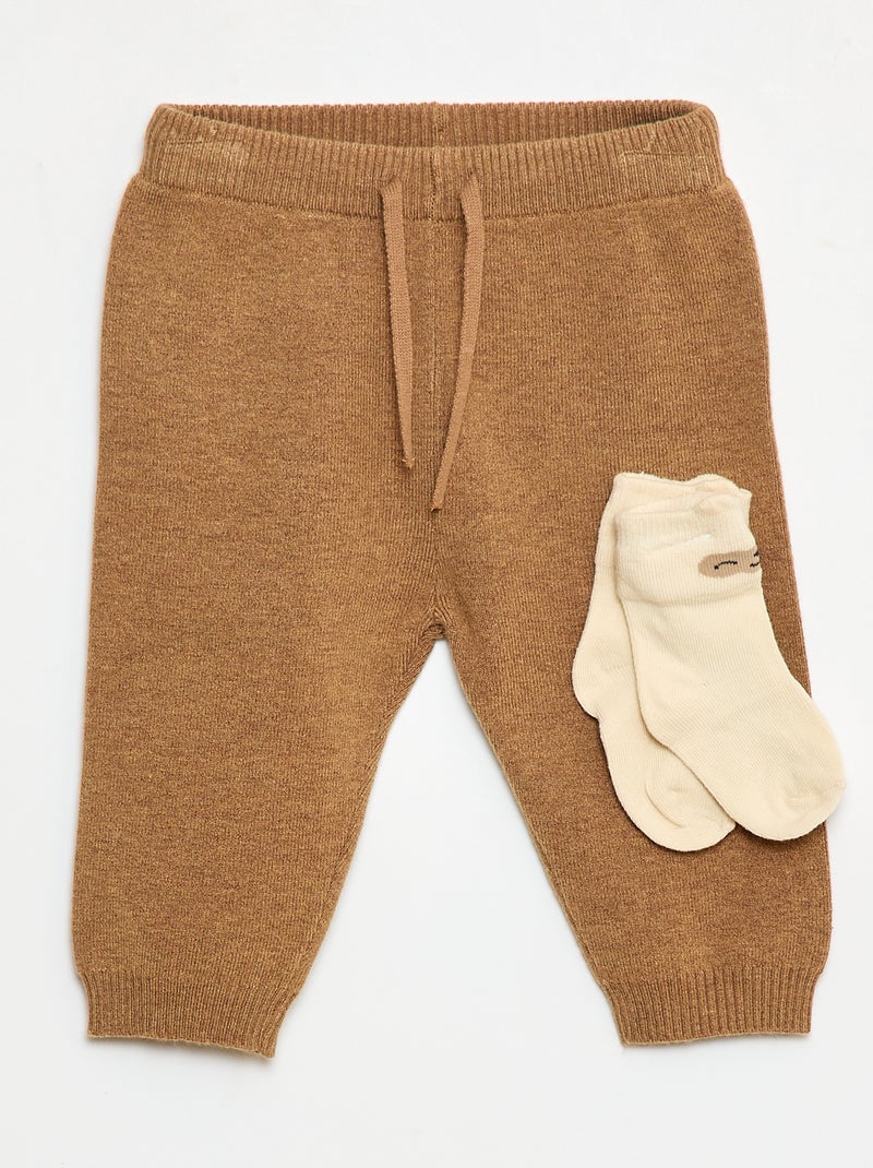Pantalón liso de punto + calcetines - 2 piezas Beige - Kiabi