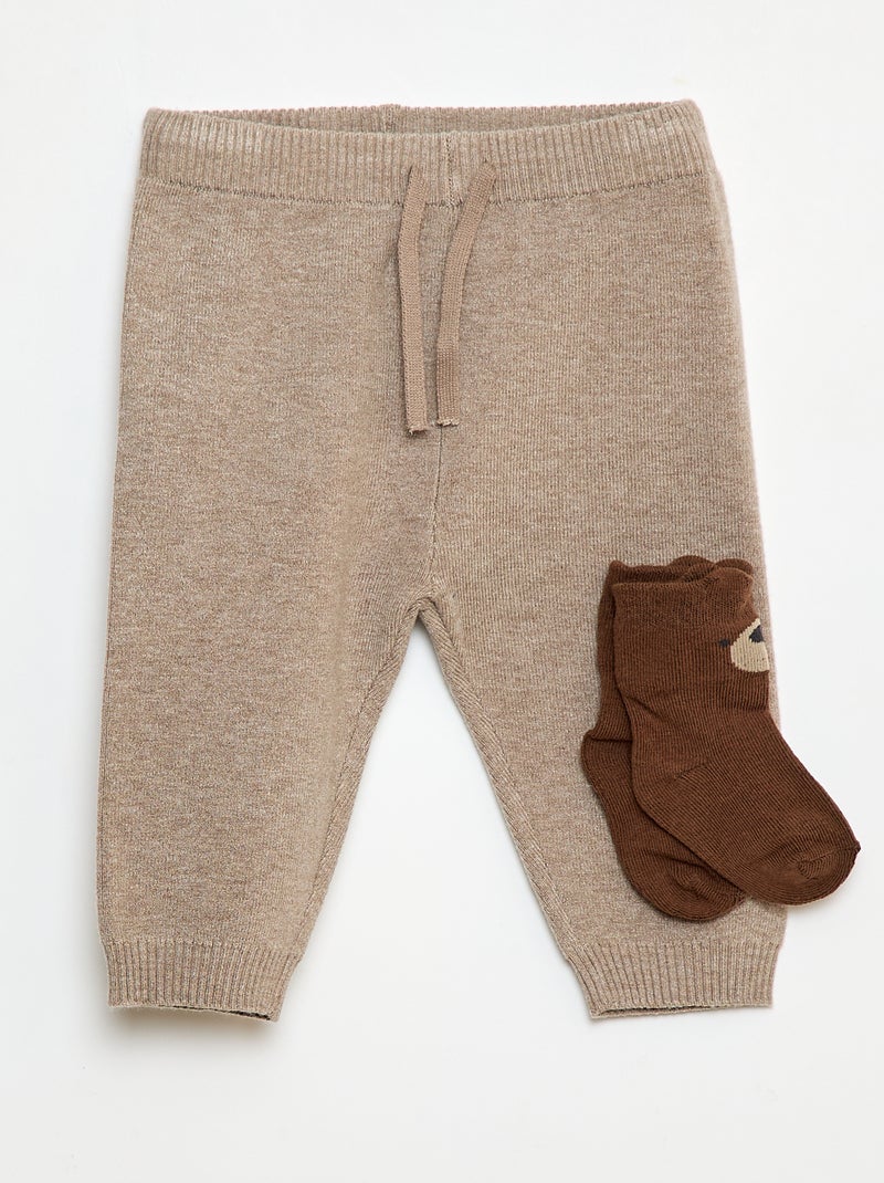 Pantalón liso de punto + calcetines - 2 piezas Marron - Kiabi