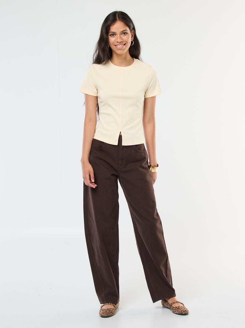 Pantalón liso de twill de talle alto Marron - Kiabi