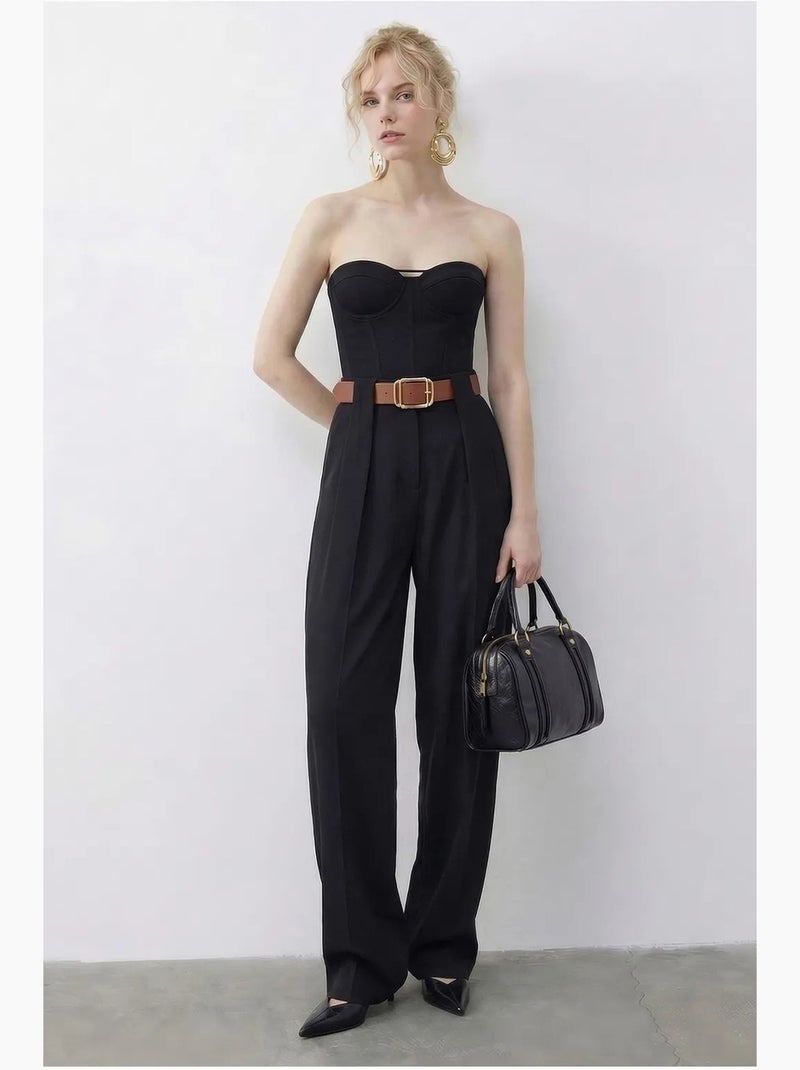 Pantalón palazzo de pierna ancha de tiro alto con cinturón lucci Negro - Kiabi