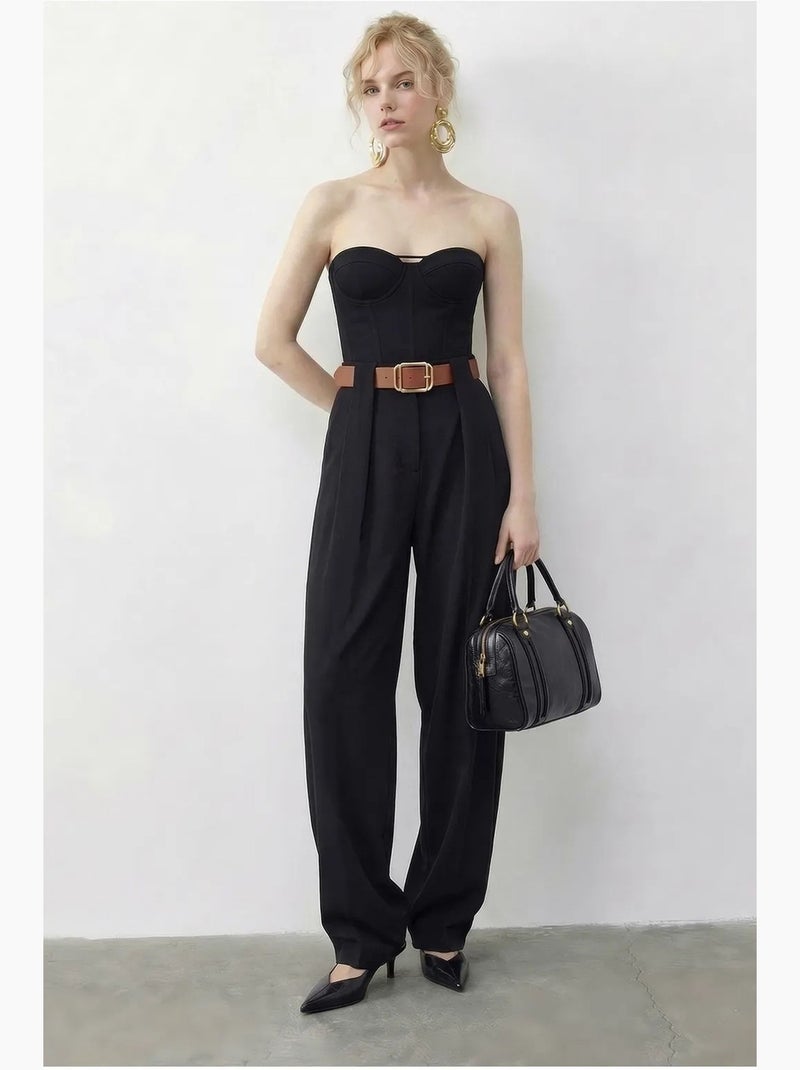 Pantalón palazzo de pierna ancha de tiro alto con cinturón lucci Negro - Kiabi