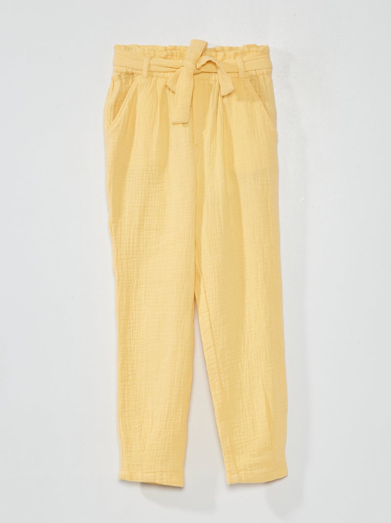 Pantalón paperbag de gasa de algodón AMARILLO - Kiabi