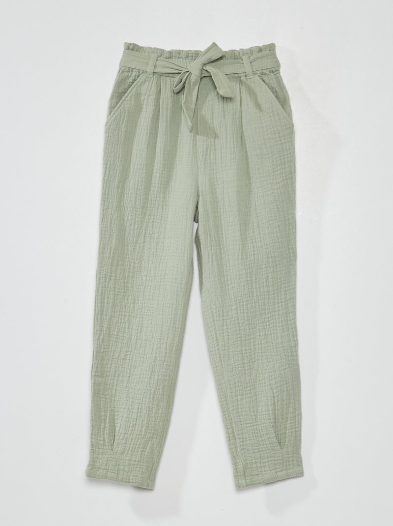 Pantalón paperbag de gasa de algodón VERDE - Kiabi