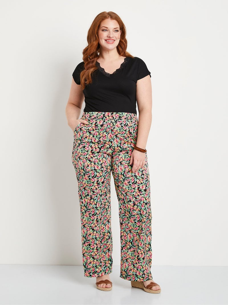 Pantalón raso floral cintura semielástica - Afibel Verde - Kiabi