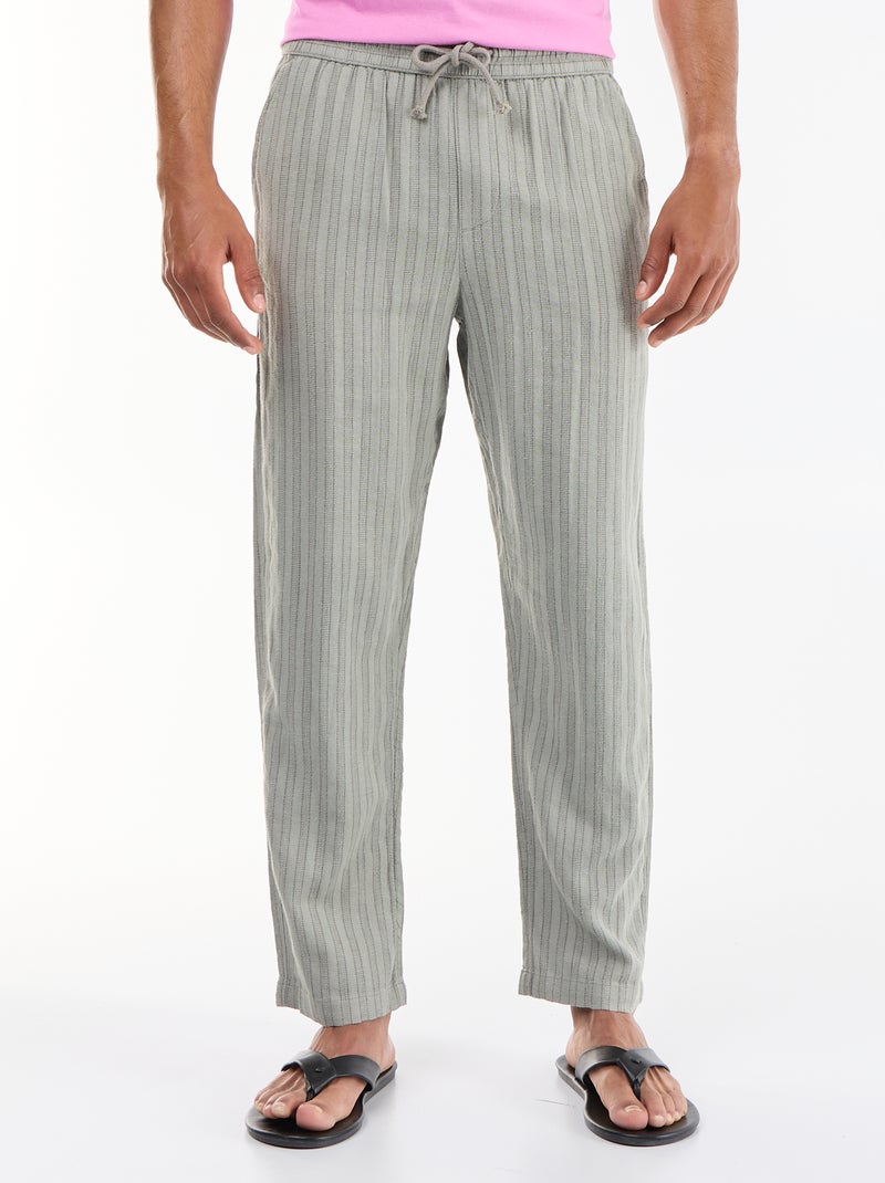 Pantalón rayado de lino mezclado Verde - Kiabi
