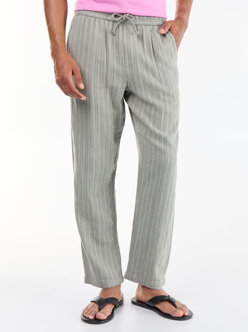 Pantalón rayado de lino mezclado Verde - Kiabi