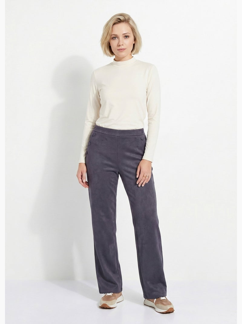 Pantalón recto con cintura elástica en tejido de ante - Afibel Azul marino - Kiabi