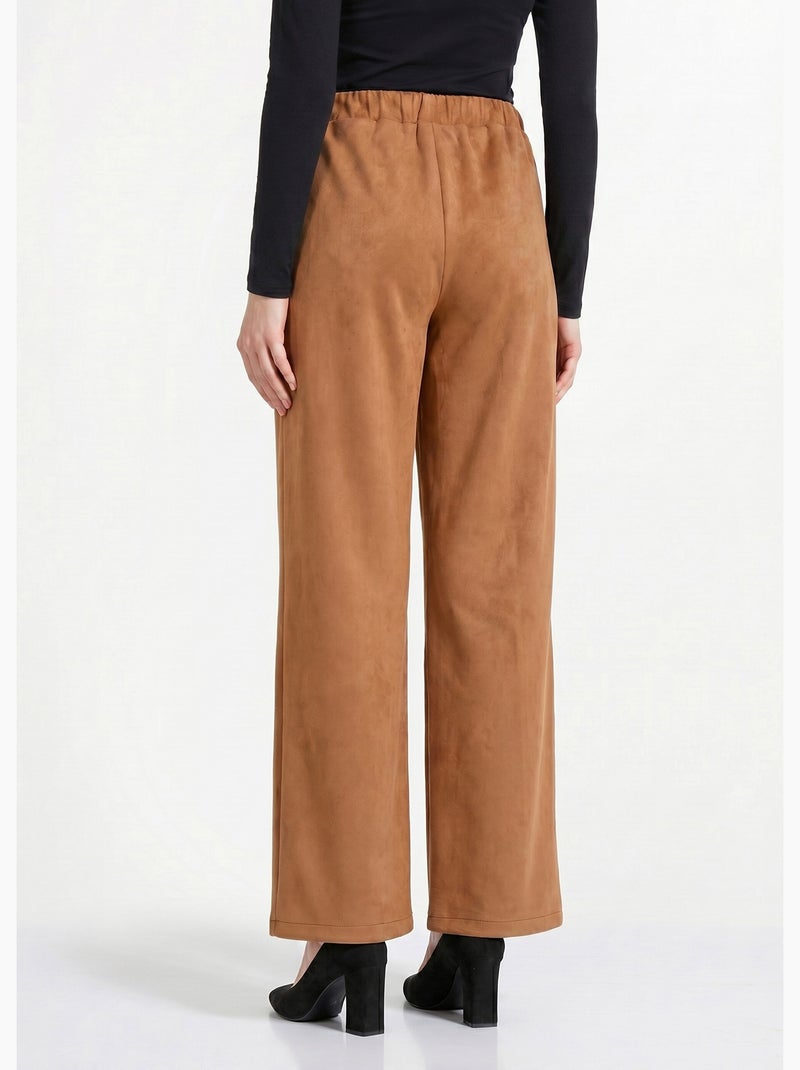 Pantalón recto con cintura elástica en tejido de ante - Afibel Camel - Kiabi