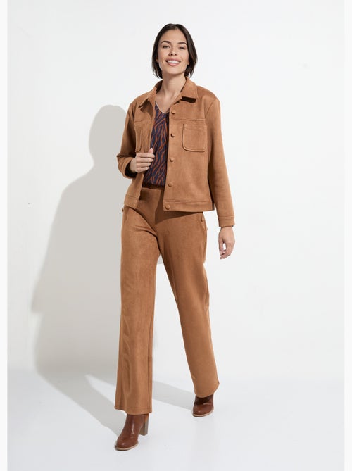 Pantalón recto con cintura elástica en tejido de ante - Afibel - Kiabi