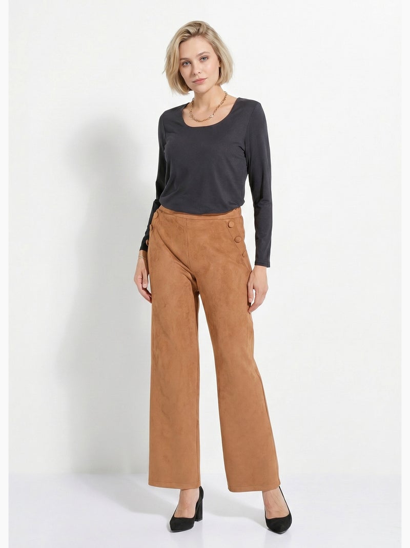 Pantalón recto con cintura elástica en tejido de ante - Afibel Camel - Kiabi