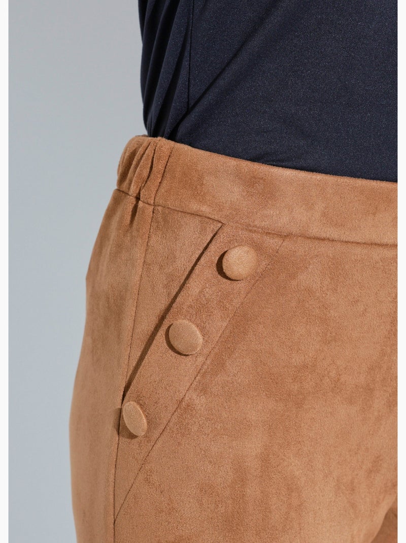 Pantalón recto con cintura elástica en tejido de ante - Afibel Camel - Kiabi
