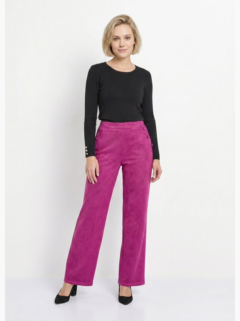 Pantalón recto con cintura elástica en tejido de ante - Afibel Violeta - Kiabi