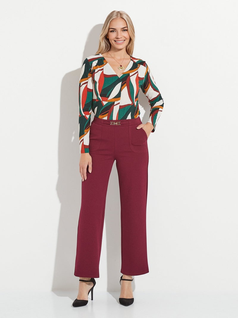 Pantalón recto con cintura elástica y cinturón joya. - Afibel Burdeos - Kiabi