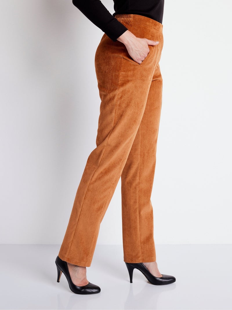 Pantalón recto con cintura elástica y terciopelo milrayas - Afibel Marrón caramelo - Kiabi