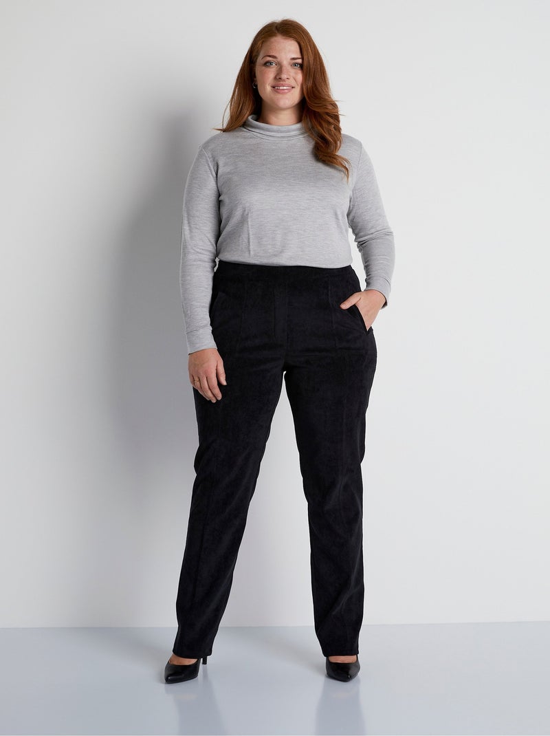Pantalón recto con cintura elástica y terciopelo milrayas - Afibel Negro - Kiabi