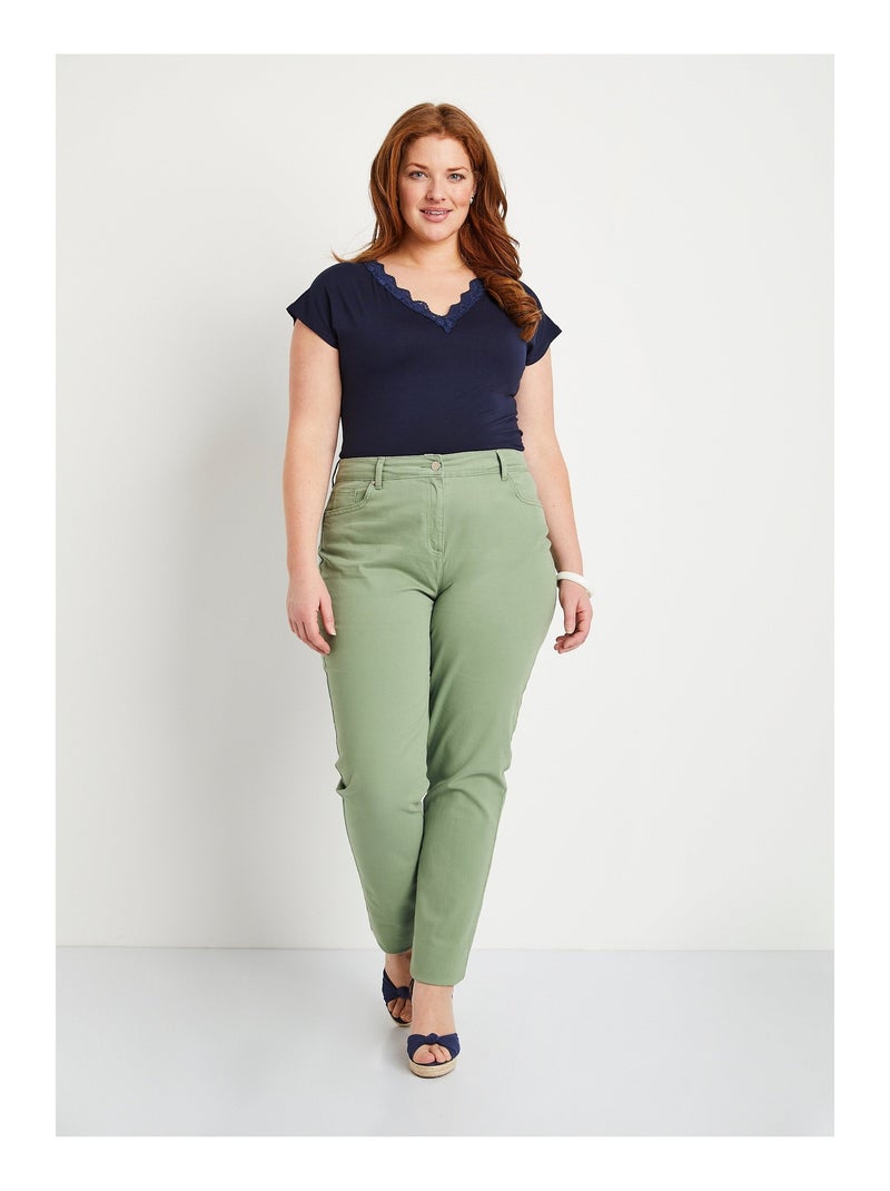 Pantalón recto de cinco bolsillos de algodón elástico - Afibel Verde tilo - Kiabi