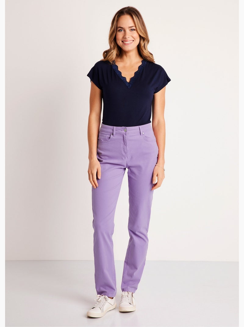 Pantalón recto de cinco bolsillos de algodón elástico - Afibel Violeta - Kiabi