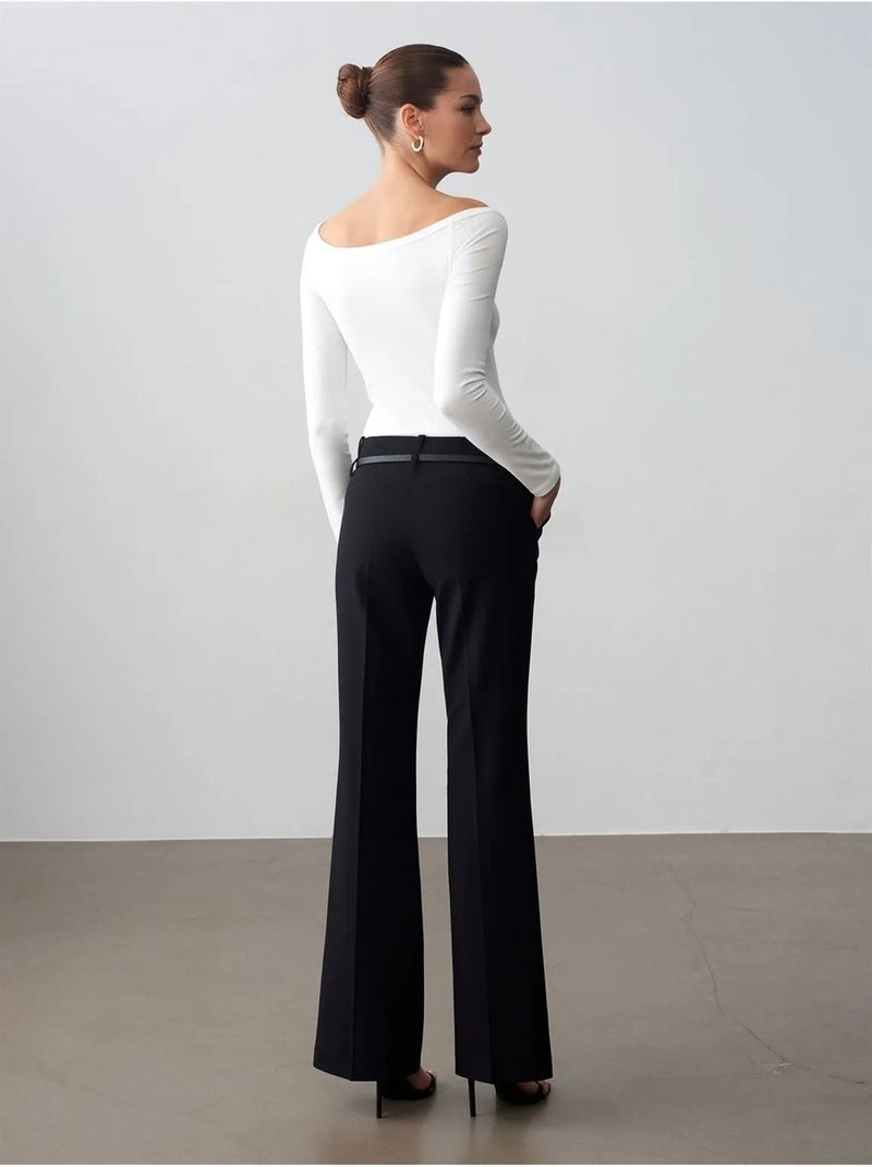 Pantalón recto de crepé con cinturón dilvin Negro - Kiabi