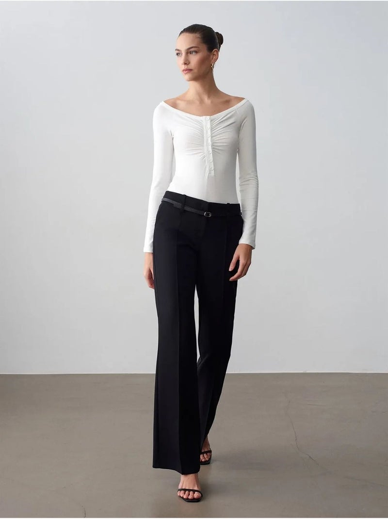 Pantalón recto de crepé con cinturón dilvin Negro - Kiabi