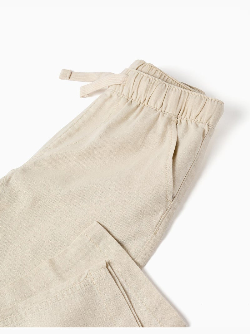 Pantalón recto de lino con cordón Beige claro - Kiabi