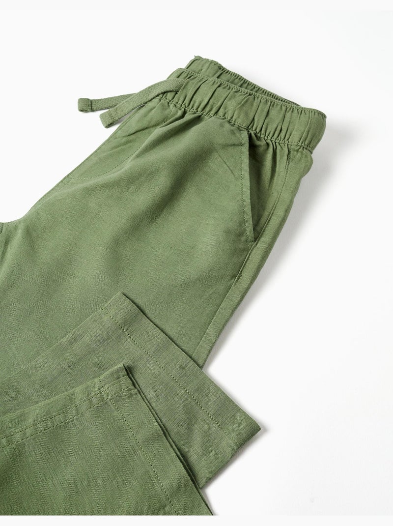 Pantalón recto de lino con cordón Verde - Kiabi