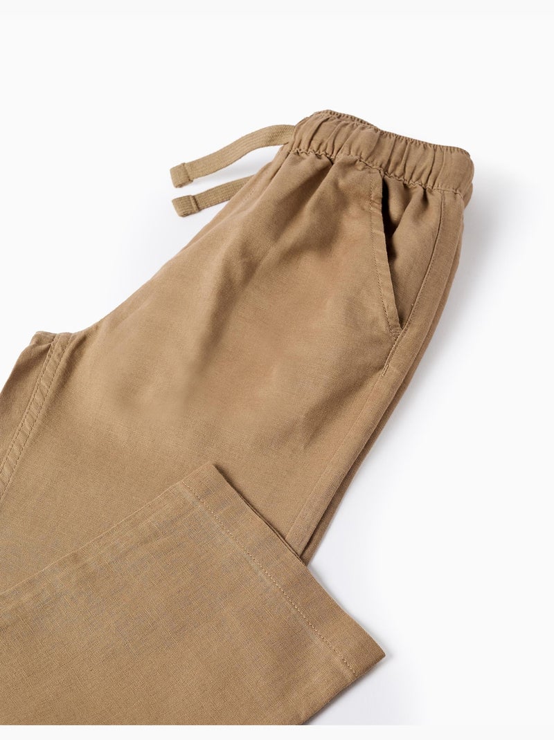 Pantalón recto de lino con cordones Beige oscuro - Kiabi