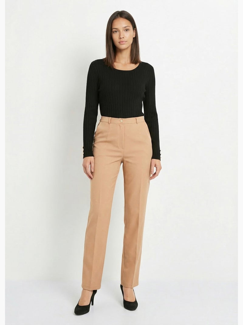Pantalón recto liso con cintura semielástica - Afibel Beige - Kiabi