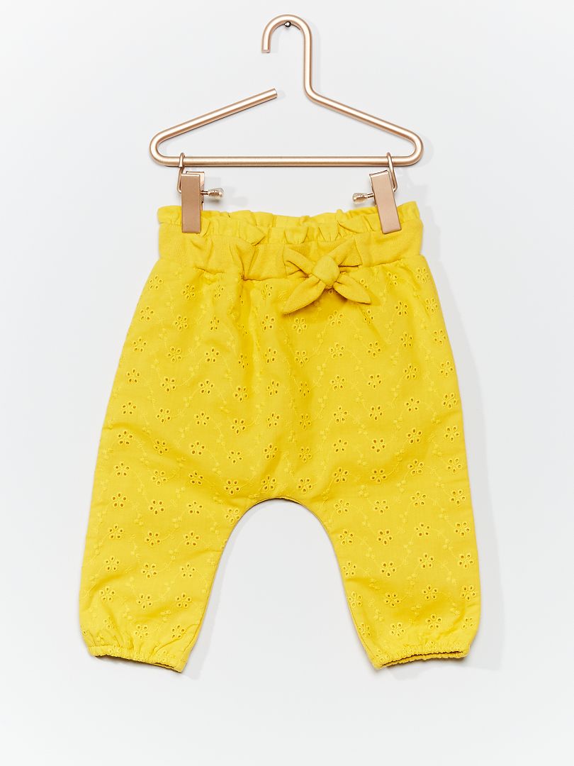 Pantalón sarouel de felpa con bordado inglés amarillo - Kiabi