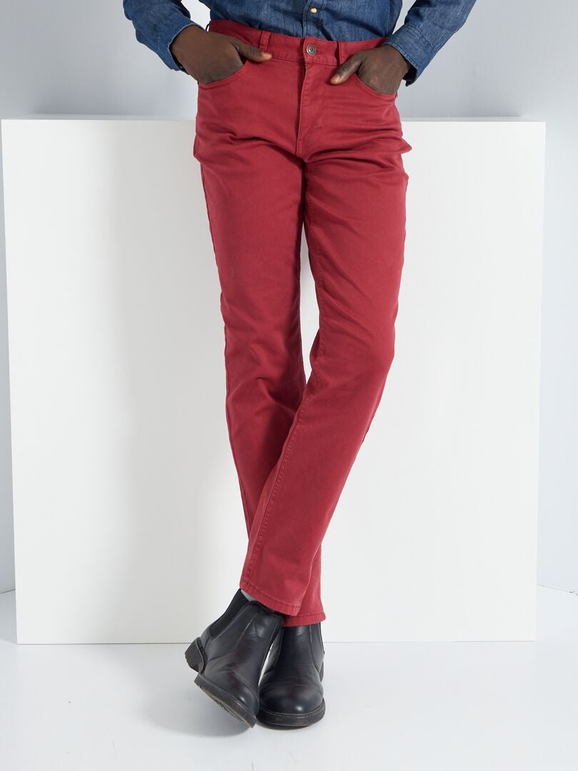 Pantalón slim 5 bolsillos de sarga rojo burdeos - Kiabi