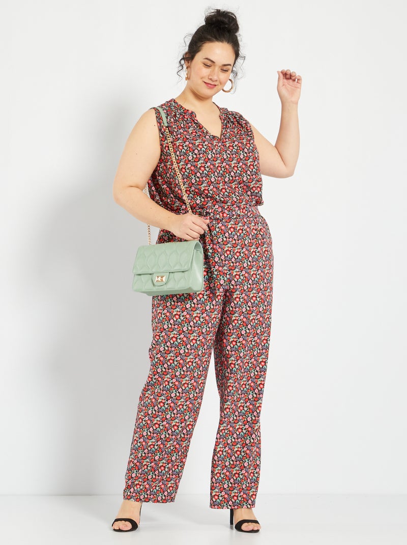 Pantalón vaporoso con cinturón y estampado de flores AZUL - Kiabi