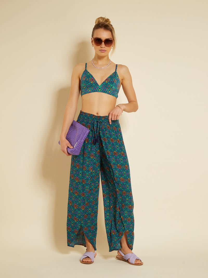 Pantalón vaporoso de punto de crepé con calados AZUL - Kiabi