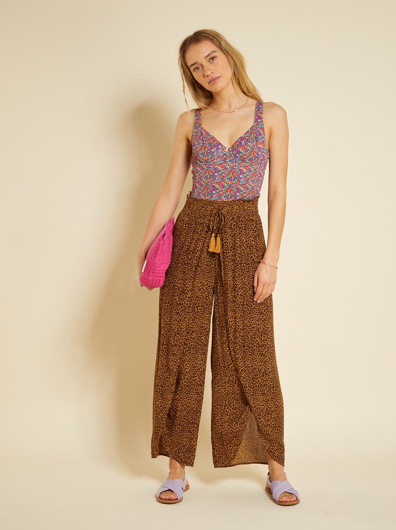 Pantalón vaporoso de punto de crepé con calados MARRON - Kiabi