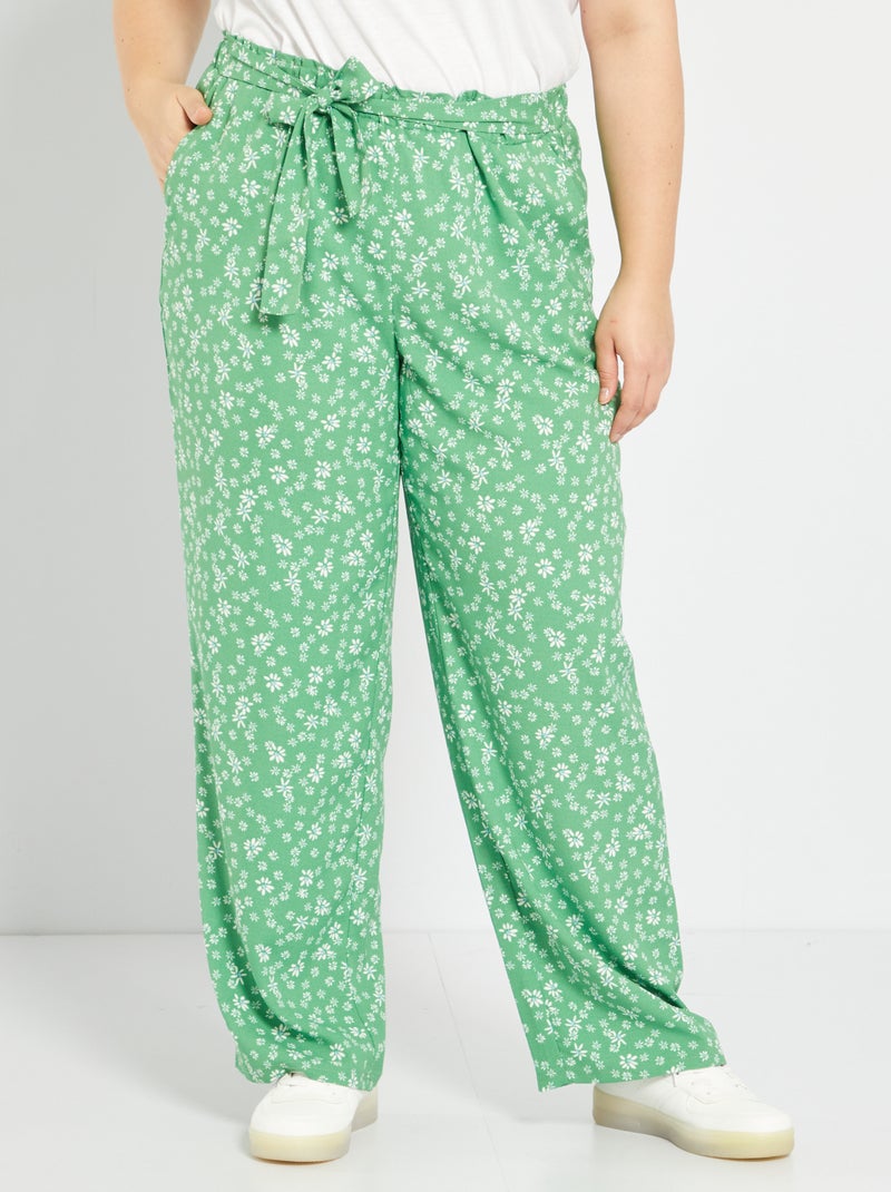 Pantalón vaporoso estampado con cinturón VERDE - Kiabi