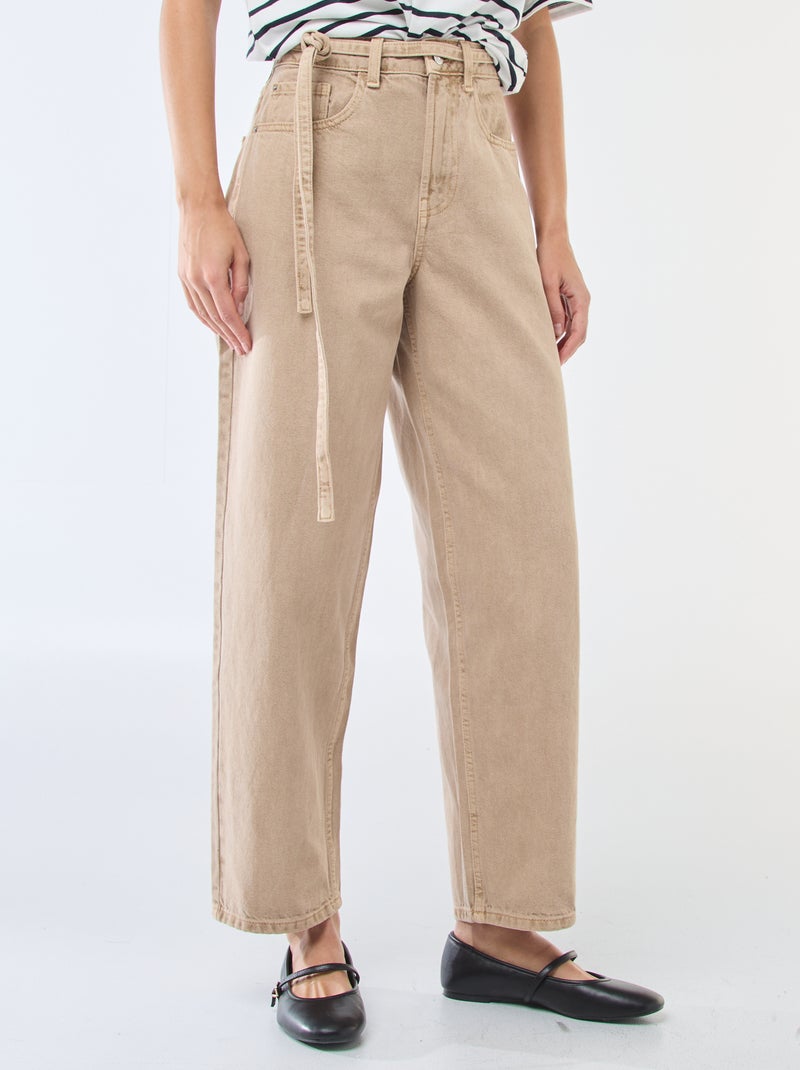 Pantalón vaquero barrel fit liso con lazo Beige - Kiabi